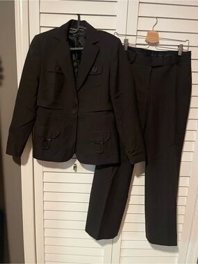 Anne Klein Brown 4 Petite Women's Safari Blazer Jacket Pants Suit EUC